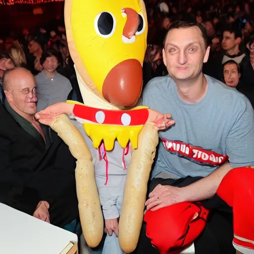 Prompt: Tim Robinson wearing a hot dog suit, with his face poking out at the top