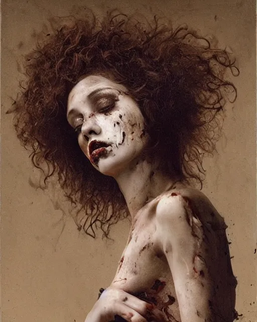 Prompt: a beautiful and eerie baroque painting of a gorgeous young woman bleeding in dead space. She has wild, curly hair, freckles and violence in her eyes photographed in the 1970s
