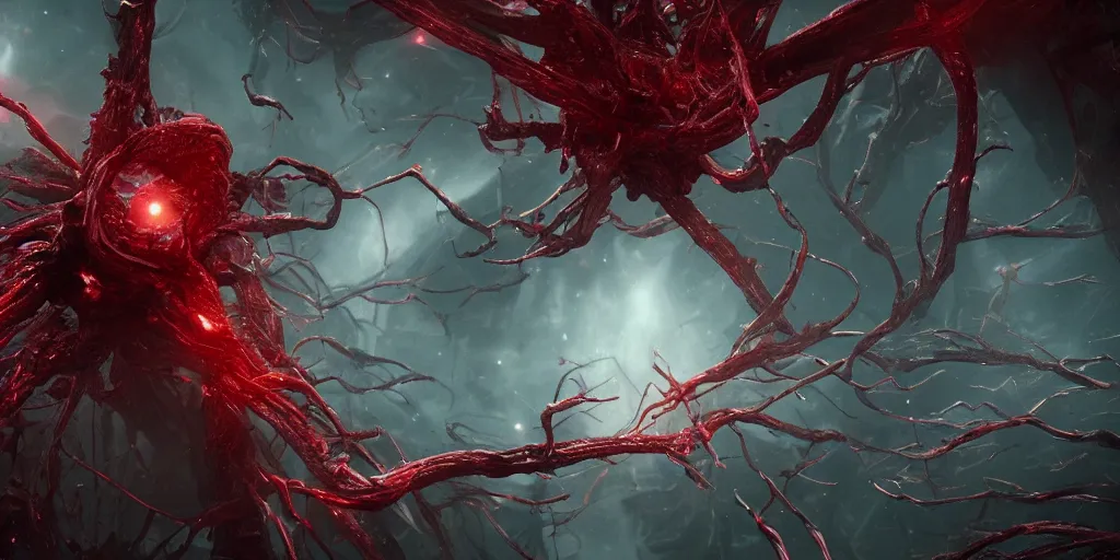 Prompt: A dark red neurological network spanning across the galaxy, blood, realistic heart in the centre, realistic 4k octane beautifully detailed render, 4k post-processing, highly detailed, intricate complexity, epic composition, magical atmosphere, cinematic lighting, masterpiece, ultra hd