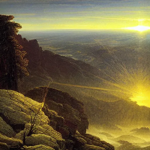 Image similar to a wanderer looking down from the peak of a mountain, distant valley, trees, sunset, sunrays, dramatic light, high detail, masterpiece, painted by caspar david friedrich