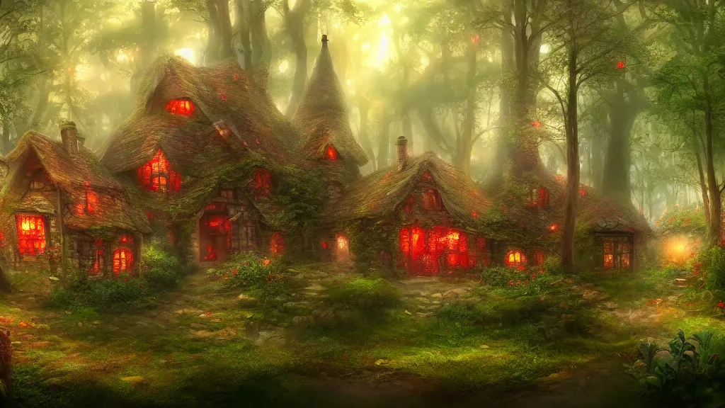 Image similar to fantasy multistorey red toadstool cottage growing in magical forest, foggy atmosphere, volumetric lighting, fantasy artwork, very beautiful scenery, very realistic painting effect, hd, hdr, cinematic 4k wallpaper, 8k, ultra detailed, high resolution