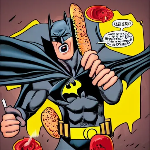 Prompt: batman eating hot dog with a lot of ketchup hyper realistic