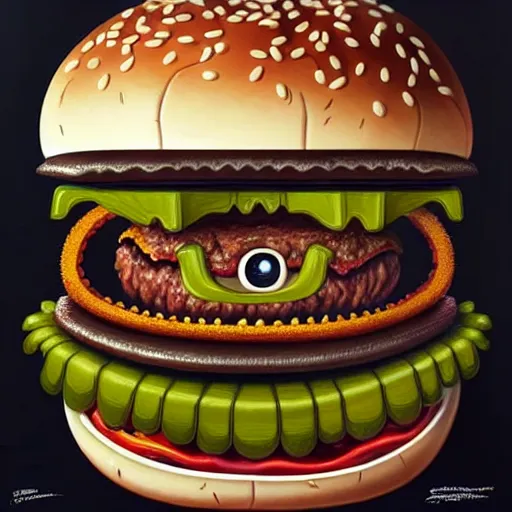 Prompt: a onster with a head like a hamburger, burger with human eyes, burger with human mouth, teeth, very detailed eyes, french fries as arms, character concept art, fantasy, intricate, fantasy drawing, illustration, highly detailed, hyperrealistic, cgsociety, artstation, oil painting by greg rutkowski, by artgerm