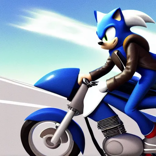 Prompt: sonic the hedgehog wearing sunglasses and a leather jacket riding a motorcycle