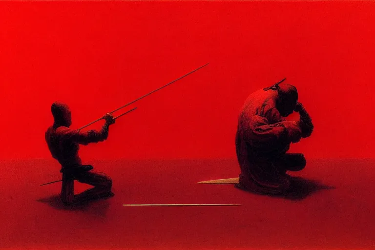 Image similar to only with red, a red samurai do seppuku, tokio, a lot of frogs watch, in the style of beksinski, parts by edward hopper, parts by rodcenko, parts by yue minjun, intricate and epic composition, red by caravaggio, insanely quality, highly detailed, masterpiece, red light, artstation, 4 k