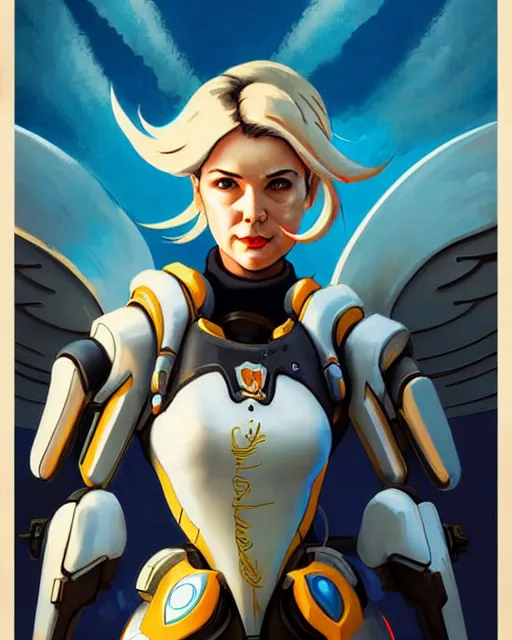 Prompt: mercy from overwatch, character portrait, portrait, close up, concept art, intricate details, highly detailed, vintage sci - fi poster, retro future, vintage sci - fi art, in the style of chris foss, rodger dean, moebius, michael whelan, and gustave dore