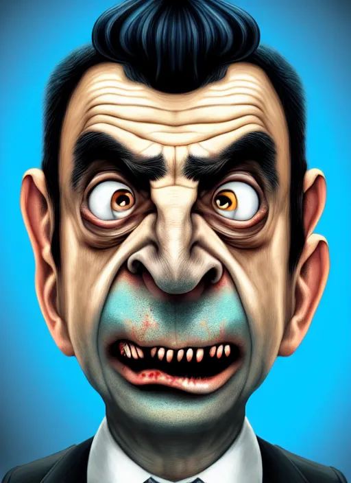 Prompt: highly detailed caricature portrait of damaged zombie mr bean by ross tran, by anato finnstark, brush strokes, 4 k resolution, light blue pastel background
