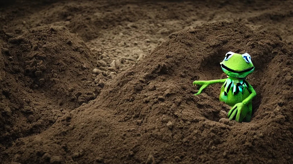 Image similar to A highly photographic render of Kermit the frog digging a grave, rim lighting, cinematic lighting, octane engine, photo realistic image, 4K, super detailed, cinematic look