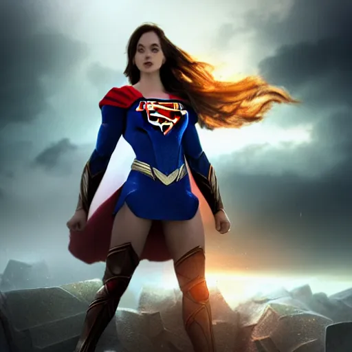 Image similar to beautiful Kryptonian girl with full armor, full body shot, clouds, hyper realistic, hyper detailed, octane render, cloudpunk, johannes voss, dynamic lightning, sharp focus, flight, volumetric, realistic, 3d render, Realistic Render, Cinematic lighting, Volumetric lighting, atmospheric, cinematic, unreal engine, unreal engine render, octane render, HD, photorealism, hyper realistic, photo, 8K, trending on artstation, concept art