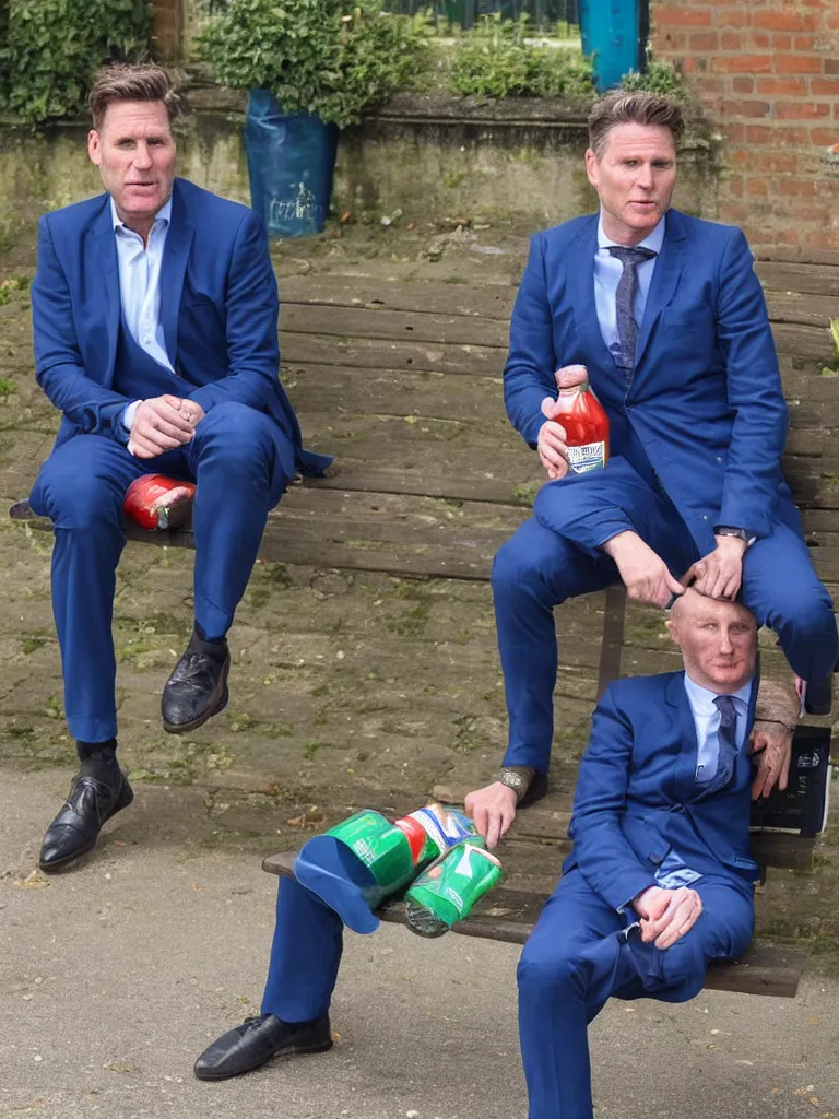 Image similar to Sir Kier Starmer in a blue suit wearing a flat cap on his head sitting on a bench alone holding a large plastic green bottle of cider, at his feet are empty cans and bottles