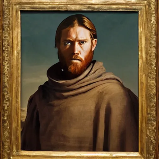 Prompt: a portrait painting of obi wan kenobi from star wars in a renaissance style hanging in the louvre