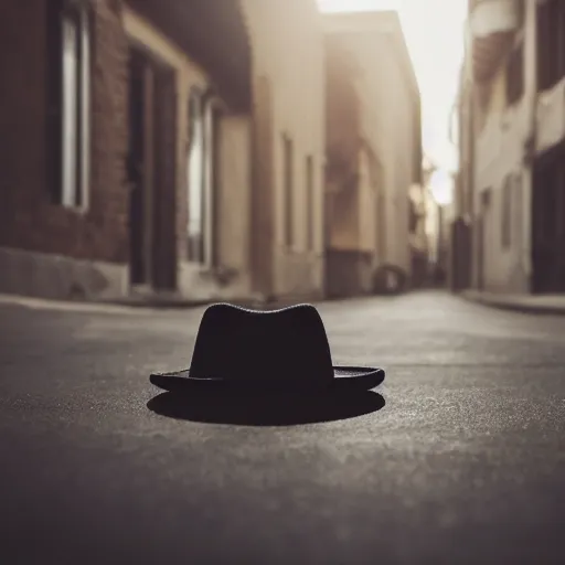 Image similar to 35mm lens photo of a floating hat in a back street, cinematic, depth of field, bokeh, atmospheric, 8k, trending on artstation