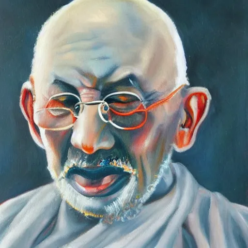 Prompt: Portrait Oil painting of Ghandi holding nuclear-war-head nuclear-war-head nuclear-war-head