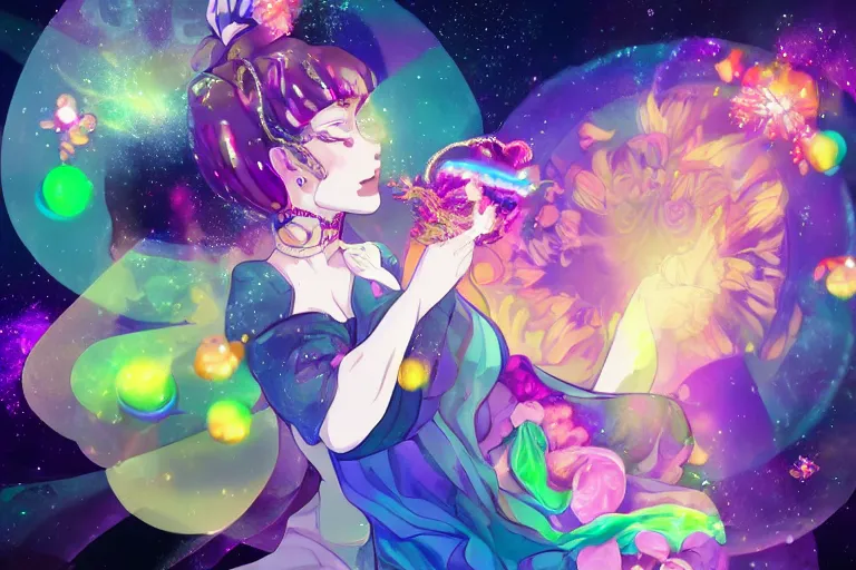 Image similar to psychedelic, full body, whimsical, anime, 4k, beautiful lusty woman blowing smoke, with professional makeup, long trippy hair, a crystal and flower dress, sitting in a reflective pool, surrounded by gems, underneath the stars, rainbow fireflies, trending on patreon, deviantart, twitter, artstation, volumetric lighting, heavy contrast, art style of Ross Tran and Miho Hirano and Ilya Kuvshinov