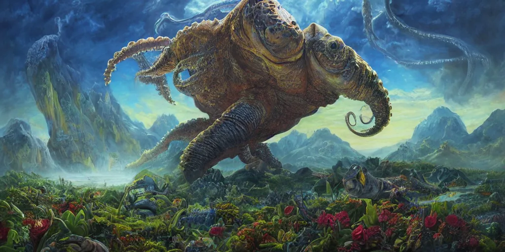 Image similar to fantasy oil painting, great leviathan, cybernetic turtle cephalopod terrapin reptilian pachyderm squid, bella hadid, hybrid, milla jovovich, anubis, epic natural light, lush plants flowers, spectacular mountains, bright clouds, luminous sky, outer worlds, golden hour, michael cheval, edward hopper, michael whelan, vray, hd