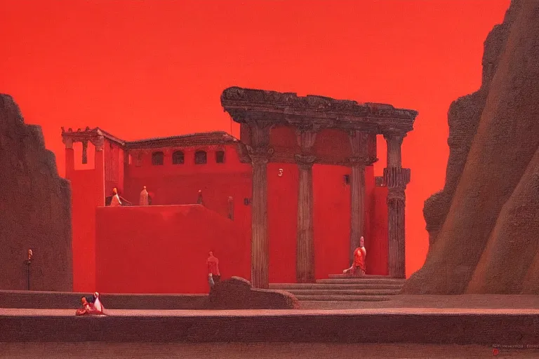 Image similar to only with red, a red great emperor, taormina amphitheatre, crowd with big smile, in the style of beksinski, parts by edward hopper, parts by rodcenko, parts by yue minjun, intricate and epic composition, red by caravaggio, insanely quality, highly detailed, masterpiece, red light, artstation, 4 k