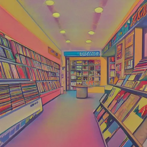 Prompt: inside of a record shop, 1960s saturday morning cartoon background, soft pastel colors