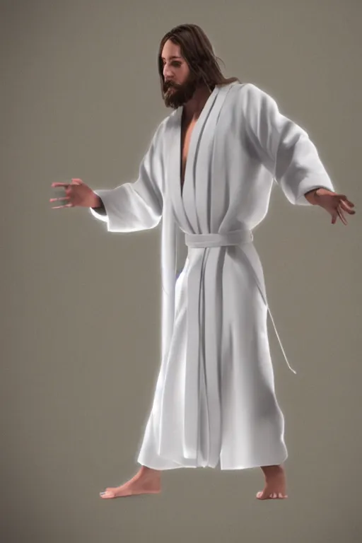 Image similar to jesus christ wearing a white robe strikes a dance pose in a hospital, intricate, hyper detailed, accent lighting, dramatic light, 4 k octane render