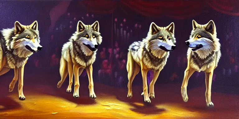 Prompt: wolves perfoming in the circus. long shot. oil paint