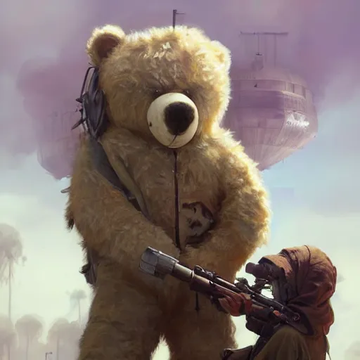 Image similar to mean fluffy teddybear protecting girl, dystopian, sci-fi, extremely detailed, digital painting, sculpted in zbrush, artstation, concept art, smooth, sharp focus, illustration, chiaroscuro lighting, golden ratio, incredible art by artgerm and greg rutkowski and alphonse mucha and simon stalenhag