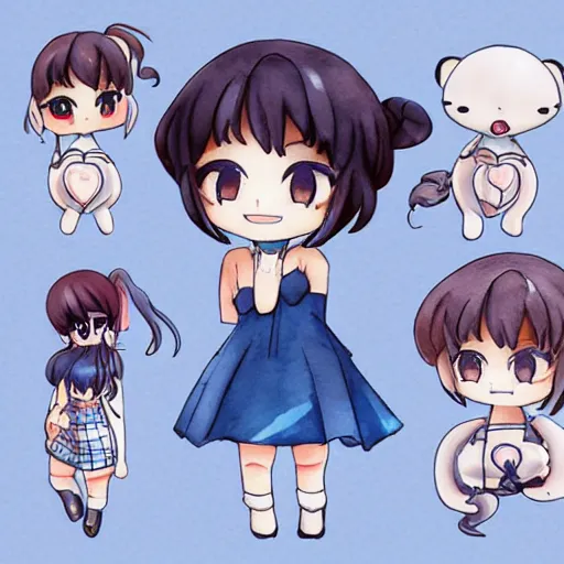 Image similar to beautiful water color concept art of cute nendoroid girl in the style of line art, inc and pen, toon rendering, close-up, flat, lacking in three-dimensionality, flat tone