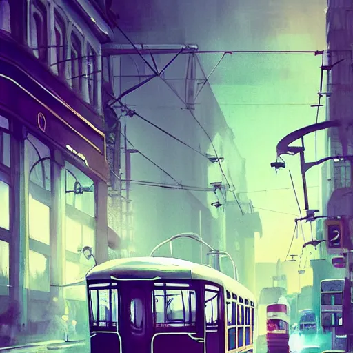 Prompt: retro futuristic vintage cars, buses, trams, street scene, atmospheric lighting, painted, intricate, volumetric lighting, beautiful, daytime, sunny weather, slight overcast, sharp focus, deep colours, ultra detailed, by leesha hannigan, ross tran, thierry doizon, kai carpenter, ignacio fernandez rios