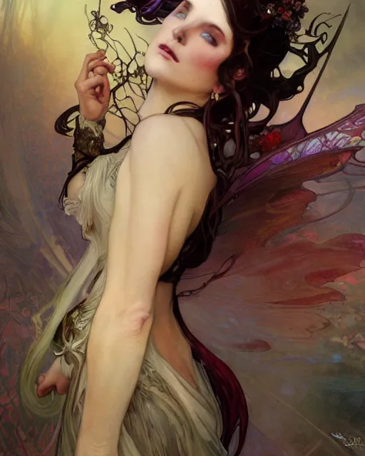 Image similar to wlop and daniel gerhartz and alfons mucha detailed portrait digital rococo painting of a beautiful serious villainess wearing fantasy clothing like liliana vess, villainess has black angel wings, evil mood, hellish battlefield in the background, embers flying, unreal engine, hyper realism, realistic shading, cinematic composition, blender render, octane render, ultrawide shot