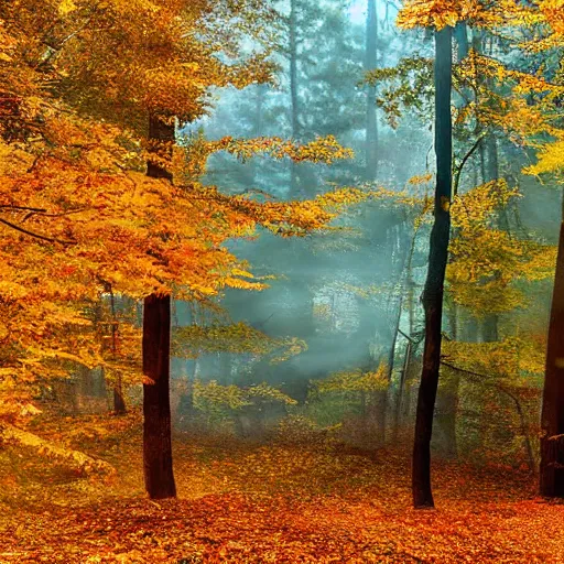 Image similar to super relaxing autumn crisp day in the appalachian mountains, fall, october, crisp cool day, warm sun, memories and nostalgia, hyperrealism photo - realistic photography volumetric lighting enchantingly beautiful forest