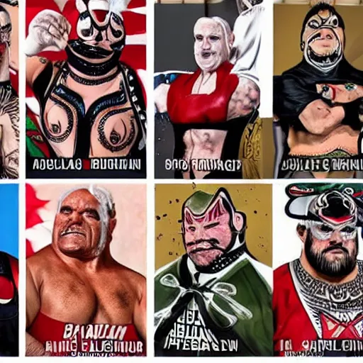 Prompt: All of the world leaders as wrestlers with silly outfits, jumping into the wrestling ring to fight, intricate, highly detailed, concept art, smooth, sharp focus