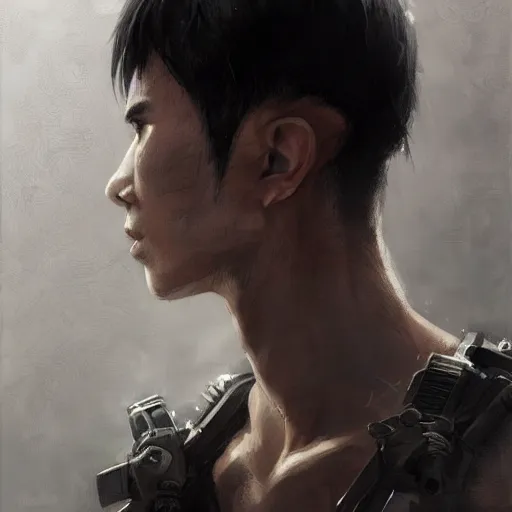 Image similar to Portrait of a man by Greg Rutkowski, he is about 20 years old, japanese, short black hair with bangs, young, manly, attractive, slim, he is wearing futuristic military fatigues, highly detailed portrait, scifi, digital painting, artstation, concept art, smooth, sharp foccus ilustration, Artstation HQ