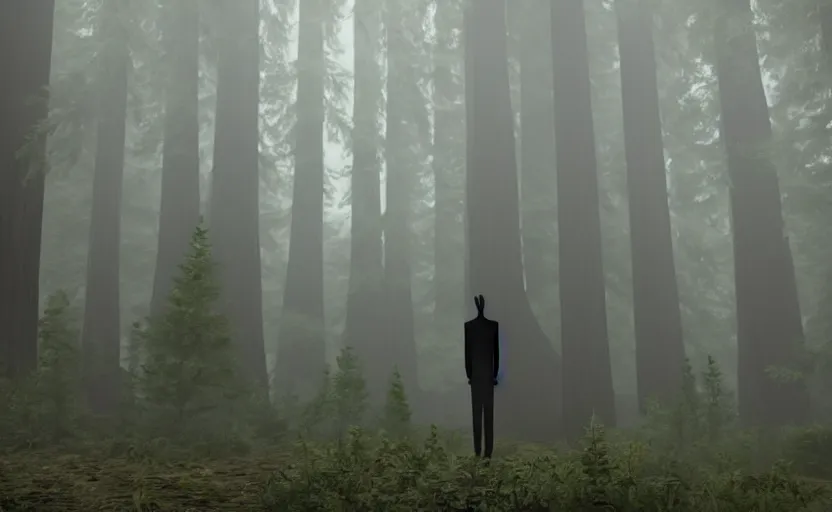 Image similar to faceless Slenderman standing in the forest, redwood sequoia trees, ominous foggy environment, best of artstation