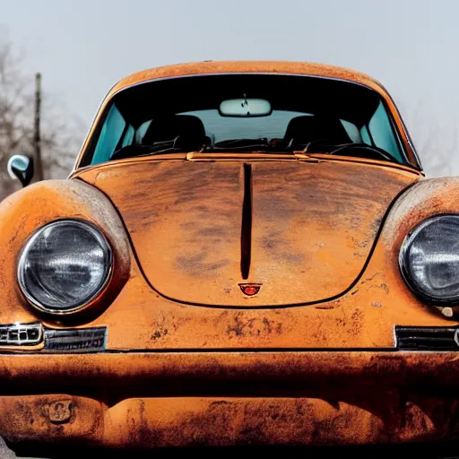 Prompt: nuclear themed ratrod car in the frame of a porsche 9 1 1. rusted, mechanical ad photoshoot. 8 k ratrod