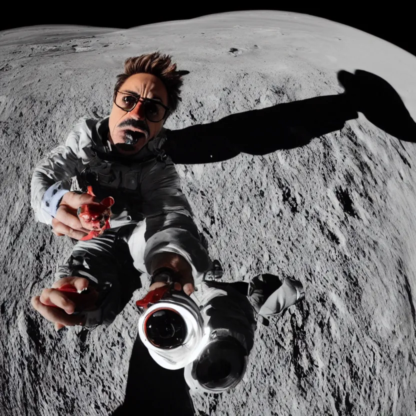 Image similar to robert downey jr eating a hot dog on the moon, dynamic lighting, gopro selfie with a fisheye lens