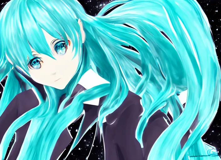 Prompt: Hatsune Miku digital art, watching the stars at night, beautiful contour shading