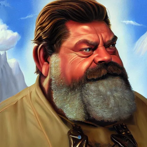 Image similar to a hyperrealistic painting of a dwarven cleric that looks like ron swanson looking stoicly to the right, golden hour, alex ross