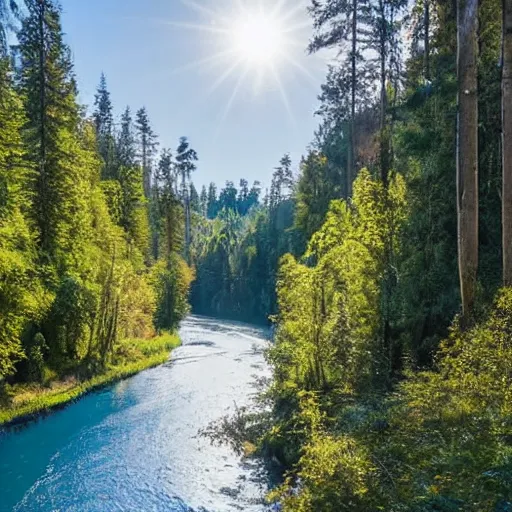 Image similar to A very long river flowing into a lake of pure gold, hidden in the middle of a dense forest of tall trees, with lots of light clouds in the bright blue sky, in the late afternoon.