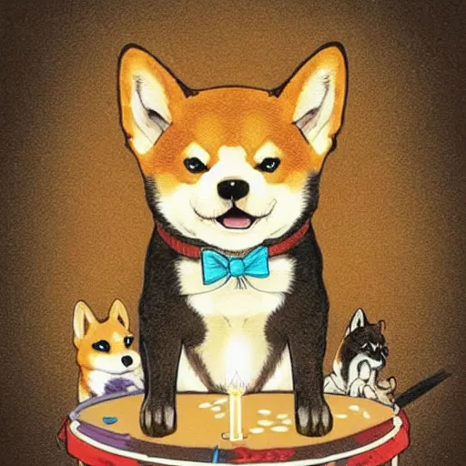 Image similar to shiba inu dogs singing happy birthday, Nintendo game art, Hayao Miyazaki, intricate detail, illustration, beautiful lighting,