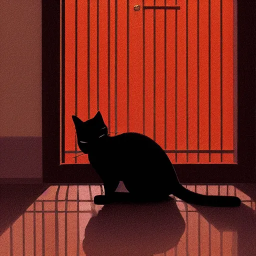 Image similar to close up of a cat stretching in a hallway, silhouette, warm colors, beautiful composition, by Atey Ghailan, by Craig Mullins, digital art, digital painting, trending on artstation,