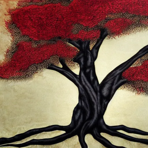 Image similar to tree made of velvet, velvet art, etching, velvet etching, velvet tree, red velvet material