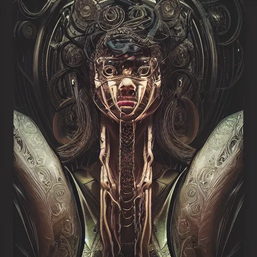 Image similar to Cyberpunk medusa, dark atmosphere, cinematic shot, intricate, ornate, photorealistic, ultra detailed, realistic, 35mm, photography, neon, octane, high definition, depth of field, bokeh, 8k, artstation, ((alphonse mucha)), (hr giger)