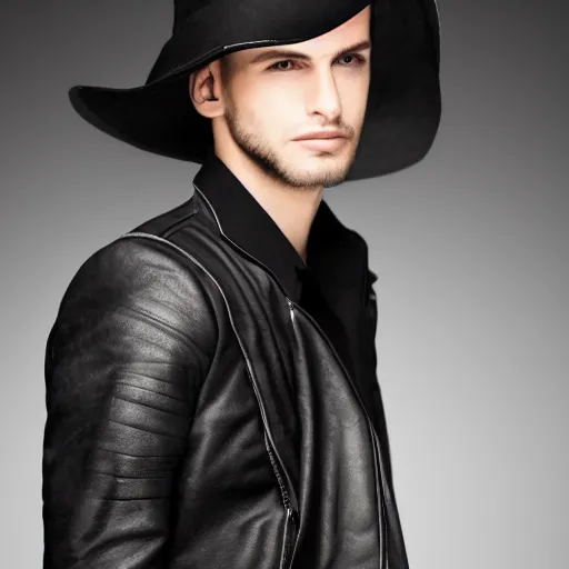 Image similar to a male model wearing a black leather hat, frontal view, cool looking