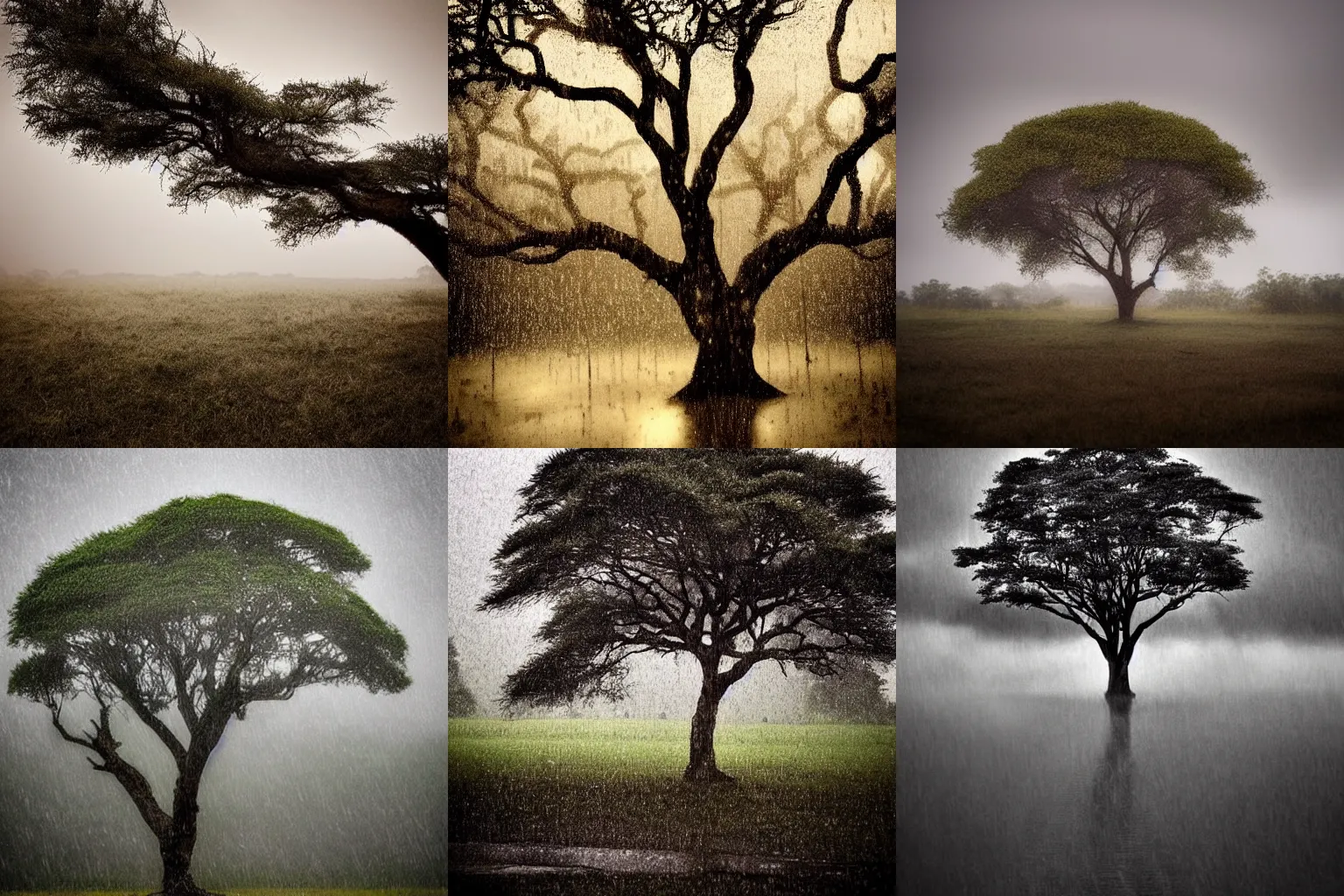 Prompt: an acacia tree in the rain, atmospheric, beautiful, award winning photo, trending on Pinterest