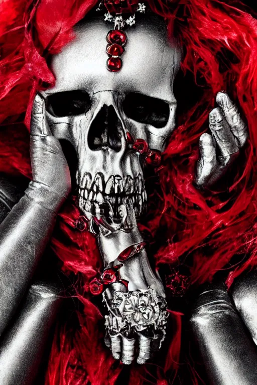 Image similar to skull queen with an red crown, hints of silver jewelry, gothic, eerie, intricate detail, dramatic lighting, fire, red, 4 k