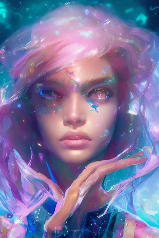 Image similar to gem! and the holograms, seductive look, chromatic aberration, hyper realistic, highly detailed, digital painting, trending on artstation, concept art, sharp focus, illustration, art by wlop and artgerm and greg rutkowski and ayami kojima