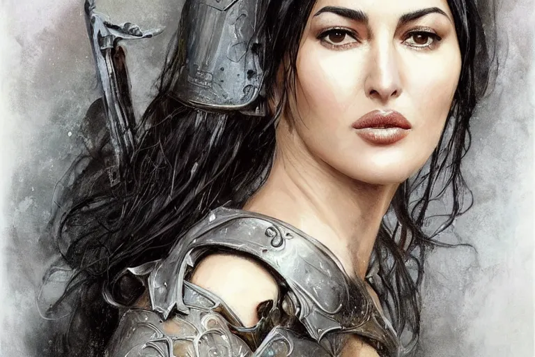 Image similar to a finely detailed portrait of Monica Bellucci, clothed in battle armor, olive skin, long dark hair, beautiful bone structure, symmetrical facial features, intricate, elegant, digital painting, trending on Artstation, concept art, smooth, sharp focus, illustration, from Metal Gear by Ruan Jia and Mandy Jurgens and Artgerm and and william-adolphe bouguerea, award winning