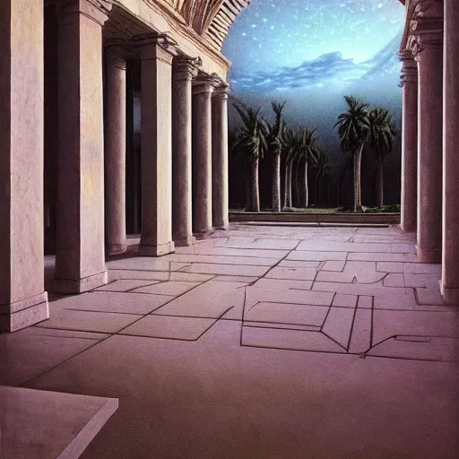 Image similar to David Ligare masterpiece, scifi nightscape, planets, hyperrealistic surrealism, award winning masterpiece with incredible details, epic stunning, infinity pool, a surreal vaporwave liminal space, highly detailed, trending on ArtStation, broken giant marble head statue ruins, calming, meditative, geometric liminal space, palm trees, very vaporwave