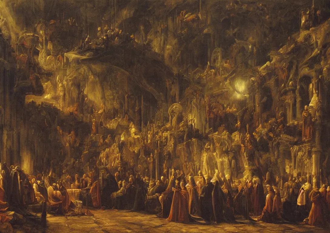 Image similar to meeting of the high council of wizards, atmospheric, illustration, dramatic, moody, lighting, oil on canvas painting, baroque