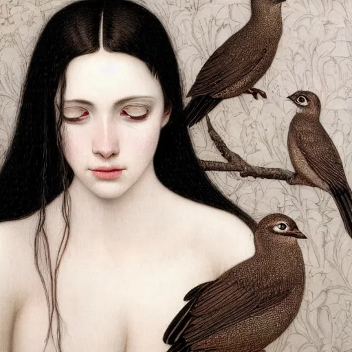 Prompt: highly detailed ilustration of a beautiful cute girl with birds, endless black hair, with pale skin, by nicola samuri, by dino valls, by m. w. kaluta, rule of thirds, seductive look, 4 k resolution
