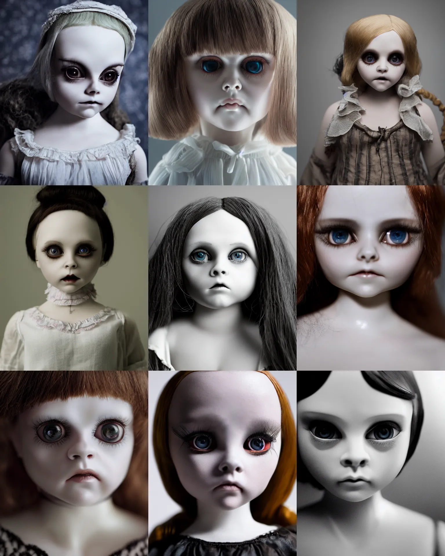 Prompt: christina ricci as an eerie porcelain doll, studio photography, narrow depth of field
