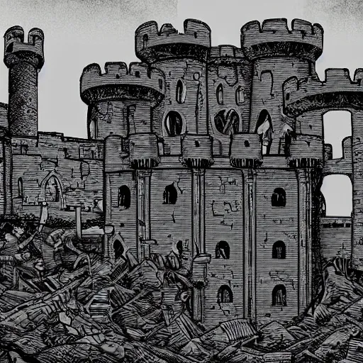 Prompt: A desolate castle overrun by undead, dark, high detail